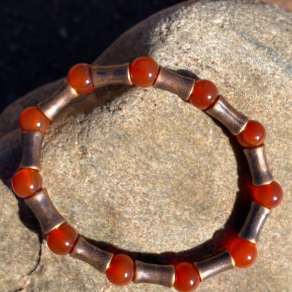 Wanderer and Gatherer Bracelet - Carnelian and Bamboo Brass Beads - Picture 2 of 5